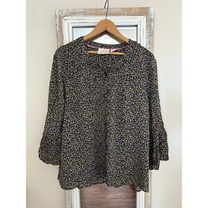 Maeve by Anthropologie Women's Berwick Top Black Print Button Down L 3/4 Sleeves
